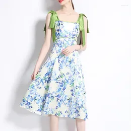 Casual Dresses Temperament Vintage Floral Print Long For Women Sweet Bow Spaghetti Strap Summer Vestidos Ladies Fashion Holiday Dress