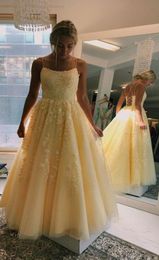 Unique Open Back Design Spaghetti Light Yellow Prom Dresses Lace Embroidery Draped Tulle Party Dress Elegant Evening Gowns Sweet 15060935