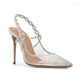 Sandals Summer Women's High-heeled Pointed-toe Transparent Straps With Rhinestone Heels Silver Toe-back Empty Shoes