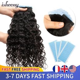 Extensions Isheeny Water Curly Wave Tape in Human Hair Extensions Remy Curl Wet and Wavy Hair Bundles 12"26" Natural Colour 1B# 20pcs