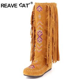 Boots REAVE CAT Fashion Nation Style Flock Leather Women Fringe Flat Heels Long Boots Woman Spring Autumn Tassel Knee High Boots