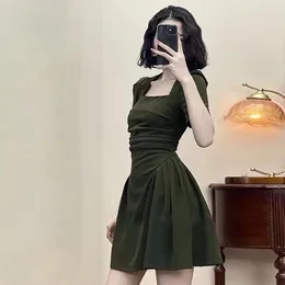 Casual Dresses Women's Summer Green Square Neck Style Mini Dress Design Sweet Spicy Black Female Slimming High Waisted A-Line