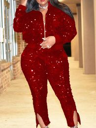 LW Plus Size Two Pieces Sets Velvet Sequined Zipper Design top coat Pants Set Fashion party Evening womens matching set 240321