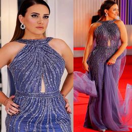 Grey Ebi Arabic Aso Mermaid Prom Dresses Beaded Tulle Evening Formal Party Second Reception Birthday Engagement Gowns Dress ZJ