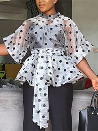 Women White Blouses Polka Dot Peplum See Through Sexy Thin Transparent Half Flare Sleeves Waist Belt Tops Shirt Fashion Bluas 240322