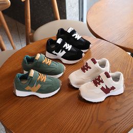 Children Shoes Outdoor Boys Sports Shoes Spring Autumn New PU Splicing Green Black Beige Kids Sneakers Girls Casual Shoes Non-slip Soft Soles Baby Walking Shoes