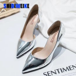 Pumps Women Pumps Mid Heel Pump Ladies Pointed Toe Casual Shoes Sandals High Heels Wedding Sexy Pumps Gold silver Zapatos Mujer 8cm