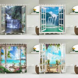 Shower Curtains Scenery Outside The Window 3D Print Waterproof Curtain With 12 Hooks Polyester Fabric Home Bathroom 180x180CM