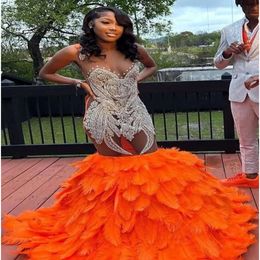 Aso ebi Orange Arar Mermaid Dress Dresses Crystals Crystals Lace Asevial ​​Party Second Section Disparty Condagement Dragement Dress Robe de Soiree