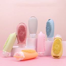 2 In 1 Silicone Refillable Empty Shampoo Bottle Liquid Hand Soap Lotion Container Dispenser Bath Shower Brush Massager Scrubber Exfoliator Travel HW0214