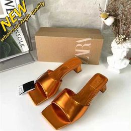 Cheap Store 90% Off Wholesale Za Womens Shoes Square Toe Open Back Hollow Thick Heels High Sandals Slippers Gold Leather Minimalist