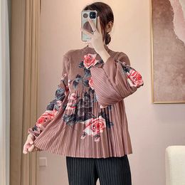 High Quality 2023 Spring Autumn Long Sleeve Custom Tshirts Women Pleated Floral Printed Women Polyester t Shirt