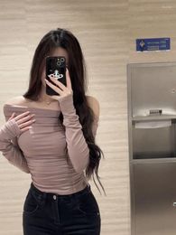 Women's T Shirts Knitwear Shoulder Long Sleeve T-shirt Pure Short Spice Girl Top Spring And Autumn Colour Niche Slim Fit