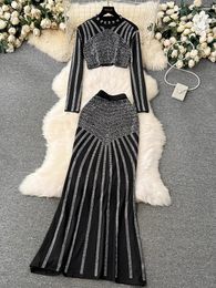 Work Dresses Spring Summer Women Black Two Piece Set Diamonds Outfit Elegant Stand Collar Long Sleeve Short Tops Mermaid Skirt Suit