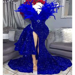 ASO Royal Royal Ebi Blue Prom Dress Crysts Feather Evening Party Second Secime Disparty Congragement Dresses Robe de Soiree ZJ es