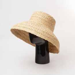 Fashion Women Wide Brim Raffia Hat Vacation Beach Hats Flat Top Straw Summer Sun Ladies UV Bucket Wholesale 240318