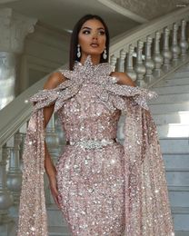 Party Dresses Sparking Sequins Mermaid Evening Crystals Beading Prom Gowns Custom Made High Neck With Cap Sleeves