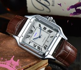 Top Luxury Squre Roman Tank Dial Watch Mens 40mm Sapphire Glass Mirror Clock Day Date Quartz Movement Leather Strap Botton Twire Drawing Waterproof Wristwatches