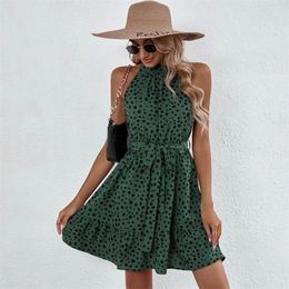 Casual Dresses Turtleneck Dot Fashion Dress Women Ruffles A Line Chiffon Clothing Streetwear Summer Sleeveless Printing Boho Mini