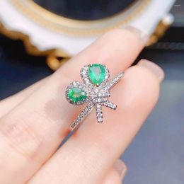 Cluster Rings FS S925 Sterling Silver Inlay Natural Emerald Adjustable Ring For Women With Certificate Fine Charm Wedding Jewelry MeiBaPJ