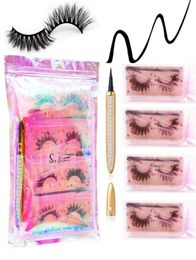 3D Faux Mink Eyelash with Adhesive Eyeliner Mascara Brush Kit 4 Pairs Natural Reusable False Eyelashes Light Thick HandMade Cruelt9471943