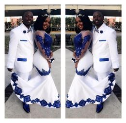 New White Satin Royal Blue Lace Aso Ebi African Prom Dresses Long Illusion Sleeves Applique Evening Formal Gowns Pageant Celebrity3405135