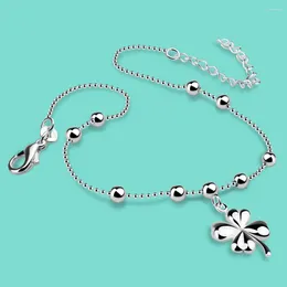 Anklets Minimalist Style 925 Sterling Silver Four-leaf Clover Anklet Simple Double Layer Fashion Foot Jewelry Summer Accessories