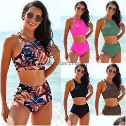 Women'S Swimwear 2024 Solid Colour Printed Split High Waist Tank Top Sports Conservative Drop Delivery Apparel Womens Clothing Dhqdk