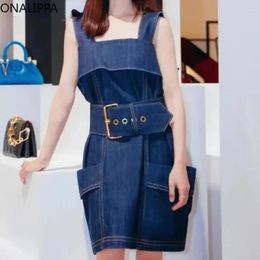 Casual Dresses Onalippa Belt Denim Mini Dress Square Collar Ruffles Sleevless Korean Chic High Waist All Match Vestidos Women