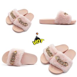 2024 Fashions Positive In stock autumn and winter chain flash diamond fluffy slippers indoor and outdoor fluffy flat warm flip-flops