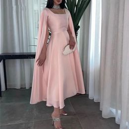 light pink Saudi Arabic Simple Chiffon Evening Dresses A Line Cap Sleeves Square Neck Tea Length Formal Prom Party Gowns Robes De Soiree