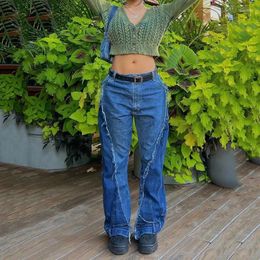 Women's Jeans Street Top Style Low Waisted Patchwork Hair Denim Pants With Straight Legs ThaT Look Slimming For Women