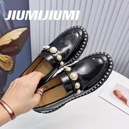 Casual Shoes 2024 Est JIUMIJIUMI Brutish Style Genuine Leather Woman Flats Loafers Boat Pearl Round-Toes Square Heels