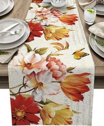 Table Cloth Summer Flower Colourful Bufferfly Linen Runner Spring Farmhouse Dresser Scarf Decor Kitchen Dining