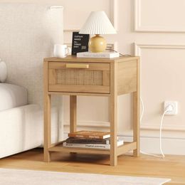 Rovaurx Rattan Wooden Table with Charging Station, Storage Drawer and Open Shelf, Bedside Table, Natural RCTG109ME