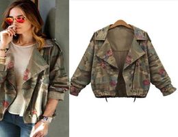 Women Short Outwear Jackets Bat sleeve Vintage Army Green Camo Denim Jacket Coat Rose Print Camouflage women Jeans Coat7720591