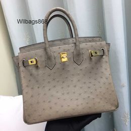 Genuine Leather Handbag Bk L Ostrich Leather Bag for Womens 25 Inch Leather Handbag New Hand Sewn Wax Thread High-end Womens Bag