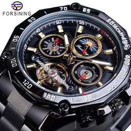 cwp Forsining Classic Black Mens Mechanical Watches Tourbillon Hollow Skeleton Self-Wind Date Moonphase Steel Belts Automatic Watc234A