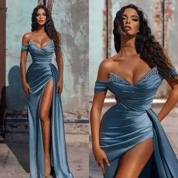 Off Shoulder A Line Prom Dresses Crystal Split Side High Sexy Evening Gowns