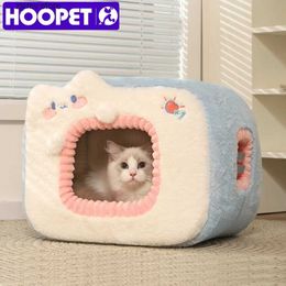 Cat Beds Furniture HOOPET Cute Cat Bed Warm Pet House Cat Cave Mat Comfortable Cat House Tent Dog Nest Dog Mat Cat Bed Supplies Y240322