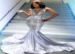 Sparkly Black Girls Satin Mermaid Prom Dresses 2020 Evening Dresses Occasion Gowns Beaded Crystal Long Vestidos de fiesta Masquera9067311