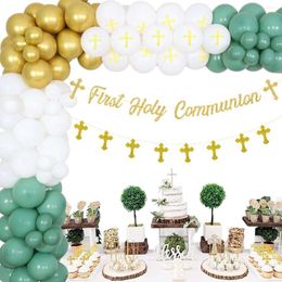 Party Decoration Funmemoir Green Gold Christening & Baptism Decorations First Holy Communion Cross Banner Balloon Garland Arch Kit