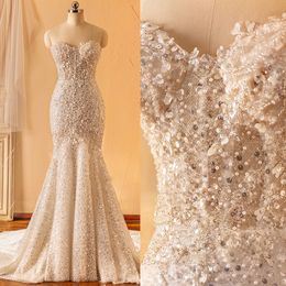 Classic Mermaid Wedding Dresses Sweetheart Sleeveless Sequins Beads Pleats Lace Up Court Gown Custom Made Plus Size Bridal Gown Vestidos De Novia