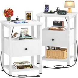 Best 2-piece Set, Small Charging Station, Wooden Drawers, Bedside USB Port, Side Table with Storage Space, Suitable for Living Room, Bedroom, White