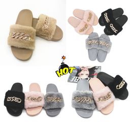 Comfort In stock autumn and winter chain flash diamond fluffy slippers indoor and outdoor fluffy flat warm flip-flops Size 36-41