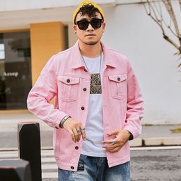 Plus Size Mens Denim Jacket Pink Loose Fashion Casual Jean Coat Male Oversized Simple Solid Colour Outerwear 6XL 7XL 8XL 240309