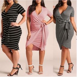 Large Womens and Fashion Stripe Asymmetric V-neck Wrap Summer Dress Mini
