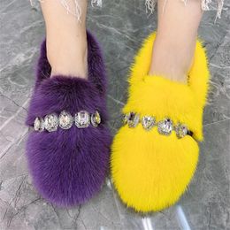 Casual Shoes Yellow Women Flats Comfortable Moccasins Ladies Winter Warm Fur Loafers Crystal Decor Mink Espadrilles Smoking Driving