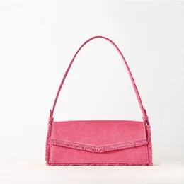 Drawstring Single Shoulder Bag Woman Summer Peach Fabric Underarm Tassel Daily Shopper Bags Soild Color Hobo Handbags Armpit Purses