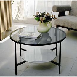 Artlog Round Coffee 2-tier: 32in. Modern Centre Table with Large Tempered Glass Top and Sintered Stone Low Storage Shelf, Home Sofa Side Furniture for Living